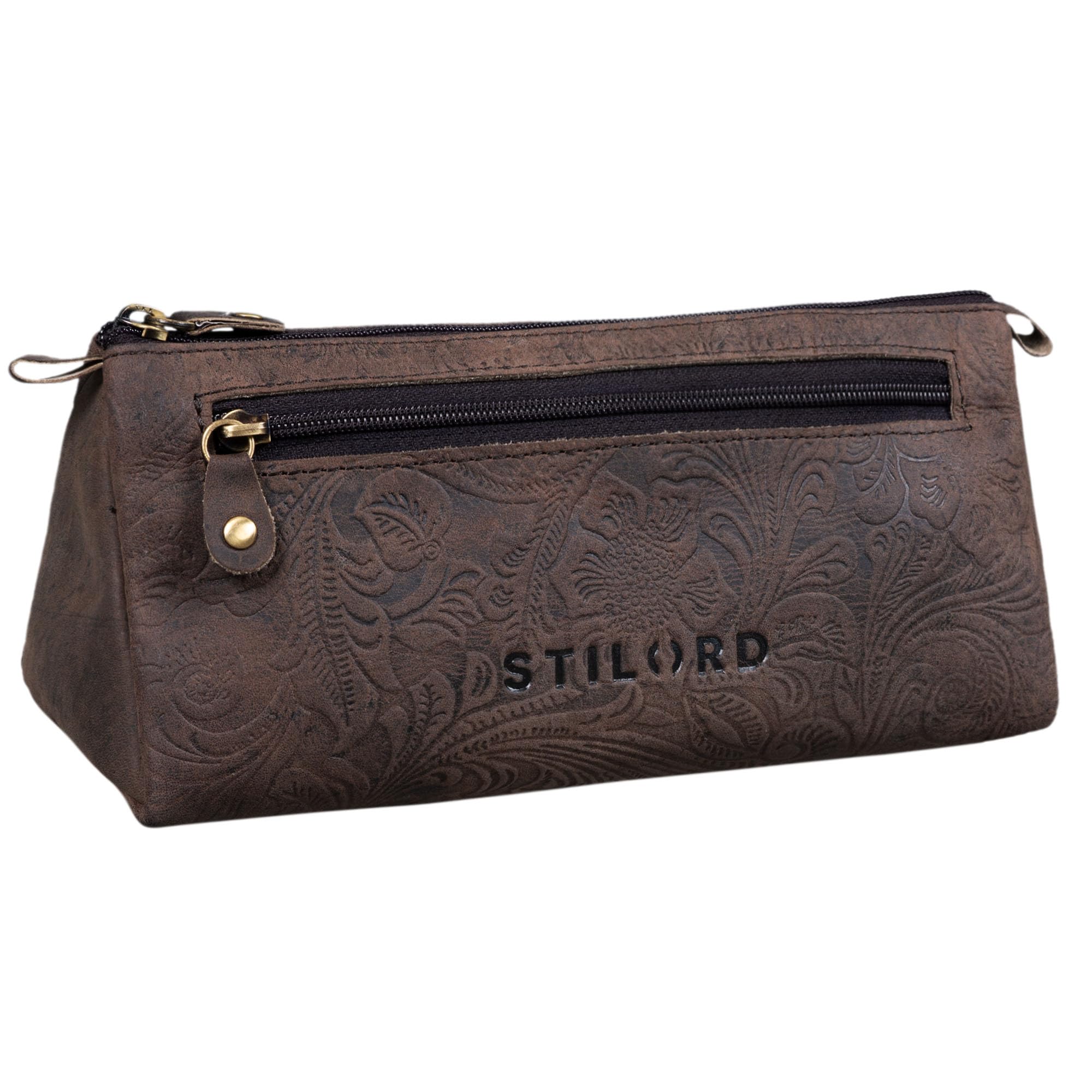 STILORD "Alexis" Leather Pencil Pouch Vintage Pen Case Holder with Zipper for Women Men for School Office in Genuine Leather Colour:Canyon - Brown
