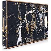 Gifturbo Black Serving Tray,Marble Decorative Serving Trays with Handles, Coffee Table Tray Ottoman Rectangular Plastic Trays with Gold Rim for Living Room, Bathroom,15.7 x 10.2 x1.37 inches