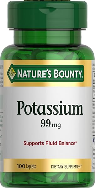 NATURE’S BOUNTY POTASSIUM 99MG, SUPPORTS FLUID BALANCE AND MUSCLE ACTIVITY, INVOLVED IN NORMAL HEART FUNCTION, POTASSIUM GLUCONATE DIETARY SUPPLEMENT, GLUTEN FREE, 1 PER DAY, 100 VEGETARIAN CAPLETS