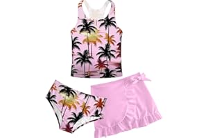 Cutemile Girls Swimsuit 3 Piece Bathing Suit Quick Dry Tankini Set with Cover Up Beach Skirt Bikini Swimwear 6-12 Years