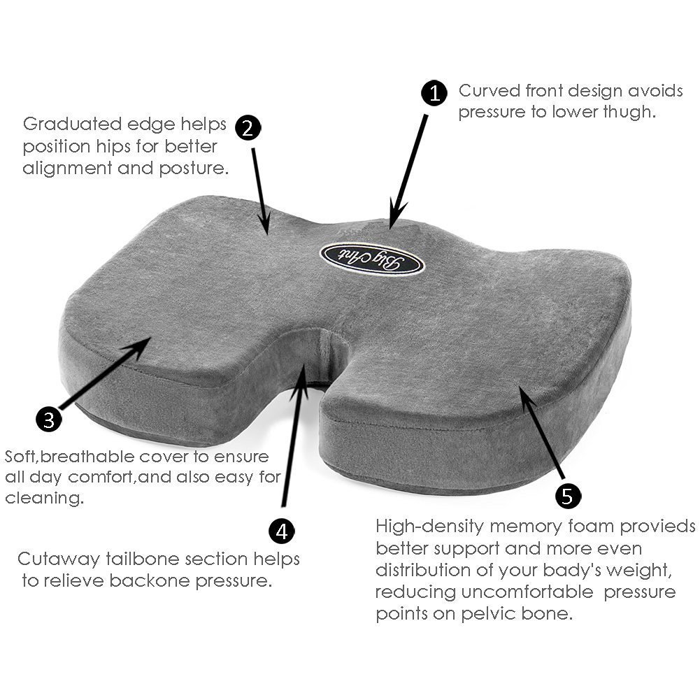 Car Seat Cushion - Coccyx Orthopedic Comfort Memory Foam for Back Pain and Sciatica Relief - Perfect for Office Chair 100% Memory Foam Guaranteed(Gray)