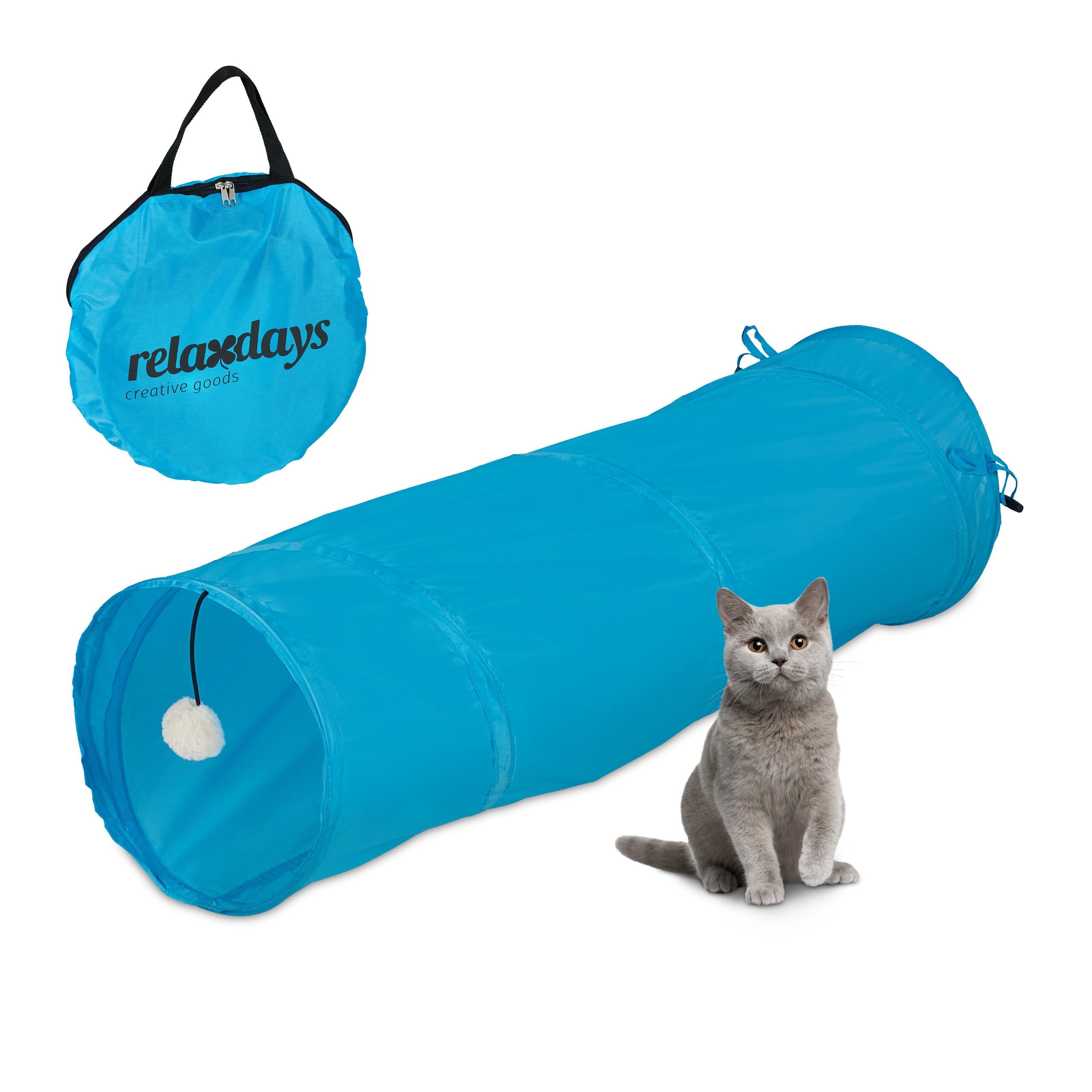 Relaxdays Foldable Cat Tunnel, Pet Toy with Ball, Interactive Play, Pop-up Function, WxD: approx. 88 x 25 cm, Blue, Polyester, 25 x 88 x 25 cm