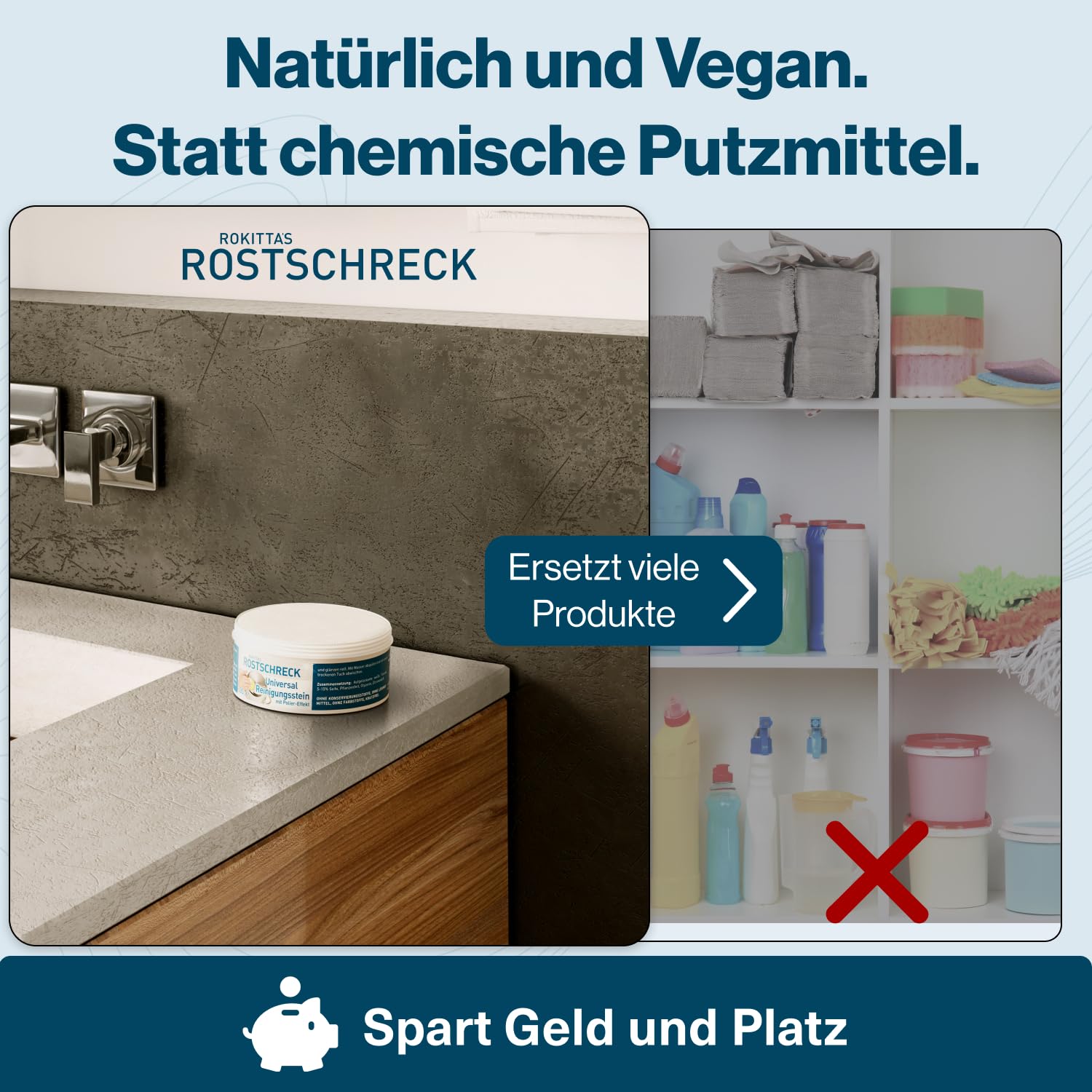 Rokitta’s Rostschreck Putzstein Universalreiniger – Ceranfeldreiniger & Reinigungsstein mit Schwamm – Universalstein Putzpaste für Bad, Backofen & Silgranit – Grüner Putzstein, 300 g 6