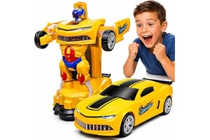 Carrinho Vira Robô Transformável Infantil com Luz e Som Carro Camaro Amarelo Automático que se Transforma Brinquedo Divertido Presente Menino Criativo Pilhas Premium