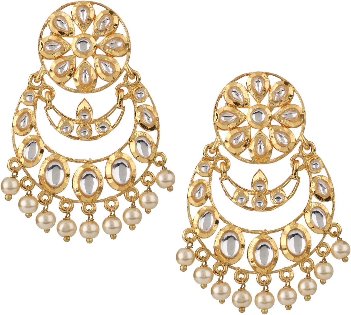 Indian Bollywood 14K Gold Plated Kundan Pearl Chandbali Chandelier Style Earrings Jewelry Set
