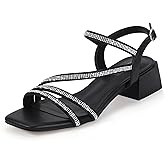 IDIFU IN2 Rhinestone Low Heels for Women Sparkly Dressy Block Short Strappy Square Open Toe Chunky Heeled Sandals Prom Wedding Bride Party Dress Shoes Comfortable Bling Thick Heels