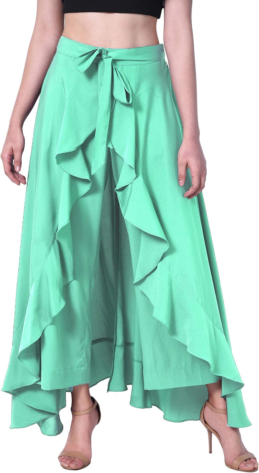 Poshak American Crepe Solid Women's Layered/Ruffle Palazzo with One Waist Tie Band and Side Zipper