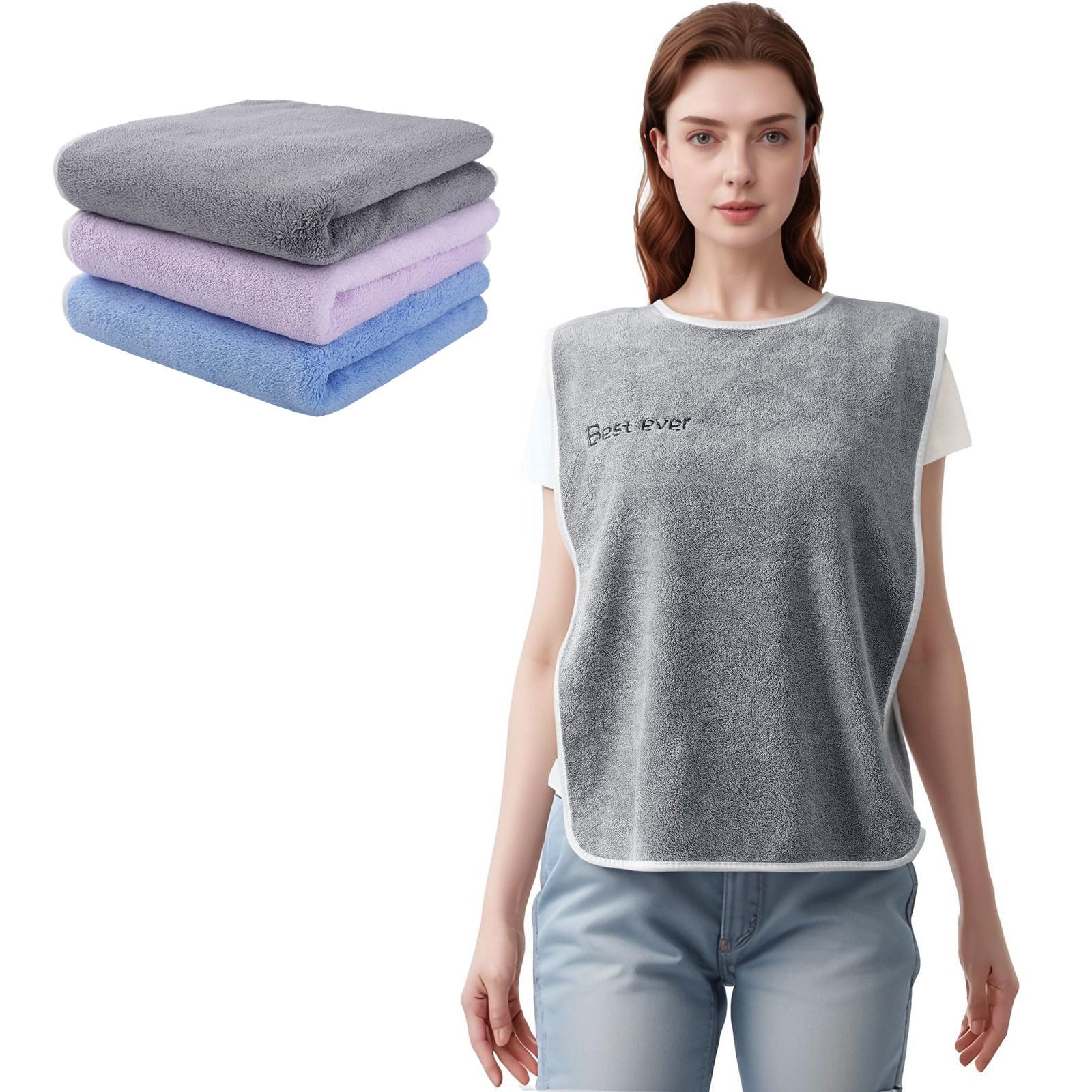 Photo 1 of Bedvcaty Ultra-Soft Premium Adult Bibs – Super Absorbent, Durable No-Shed Microfiber Food Bibs Clothing Protector for Elderly, Adult, Dining (1grey+1blue+1purple)