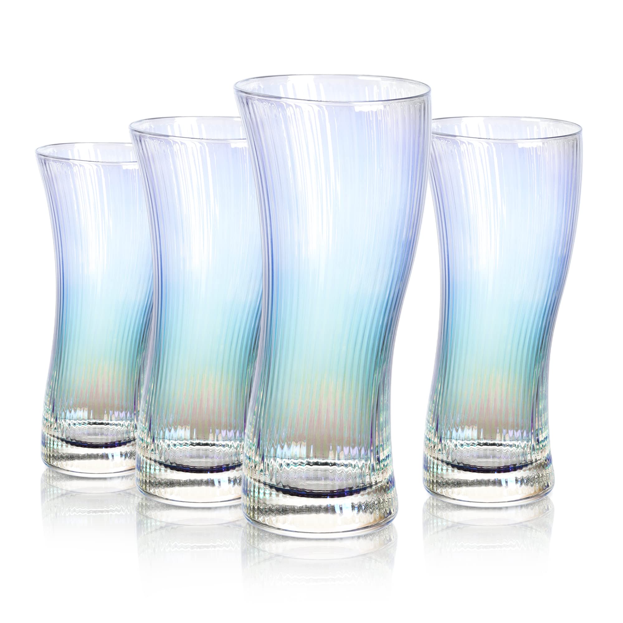 Joeyan 380ml Iridescent Highball Glasses - Coloured Ribbed Drinking Glasses Set of 4 - Thick Walled Water Tumbler for Cocktail, Juice, Water, Mixed Drinks, Beer