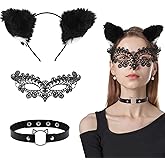 TOKUFAGU Cat Ears Headband with Cat Woman Mask and Lace Eye Mask for Halloween, Christmas, Cosplay, and Carnivals
