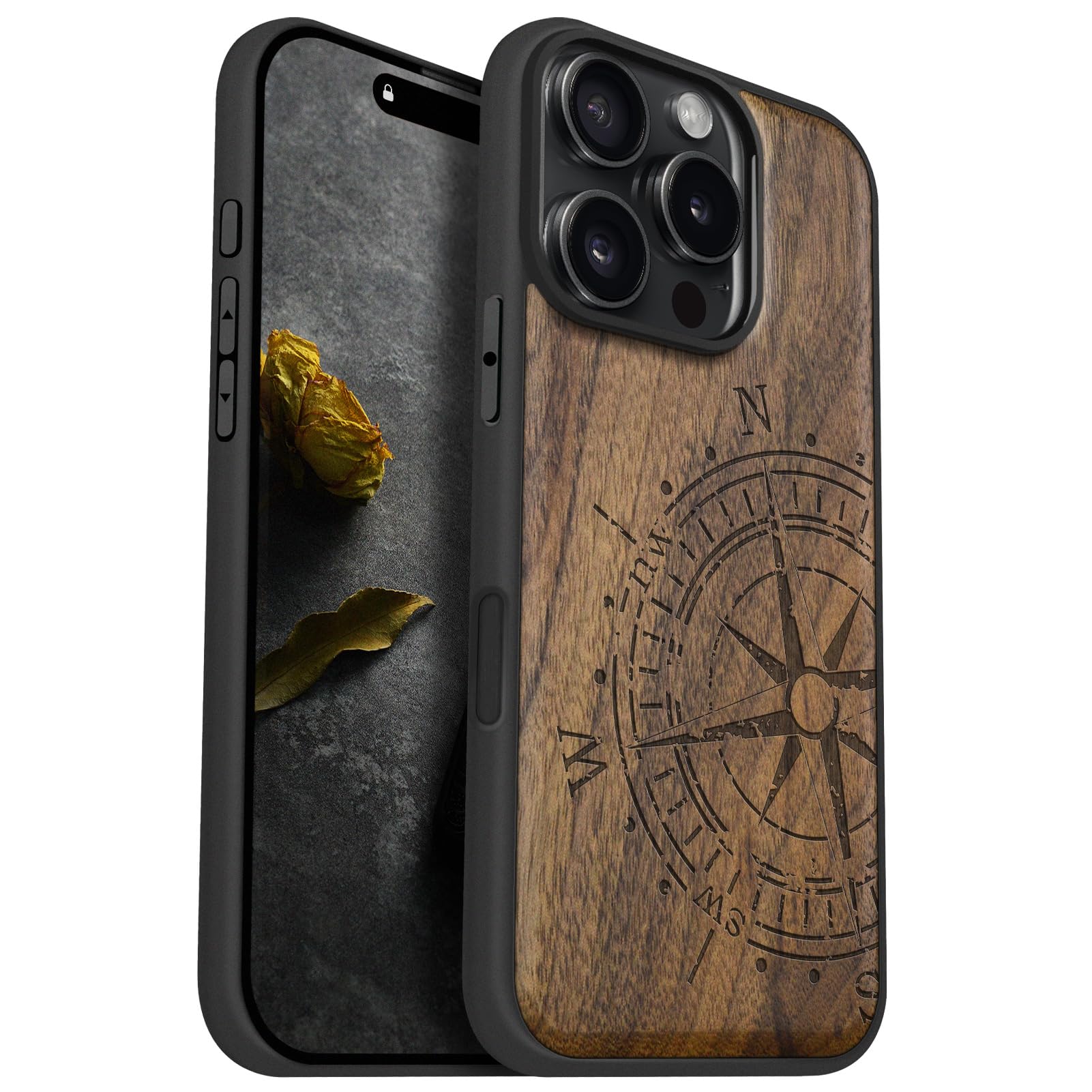 Carveit Magnetic Wood Case for iPhone 16 Pro [Solid Wood & Black Soft TPU] Shockproof Protective Cover Unique Wooden Case Compatible with magsafe (The Incomplete Compass -Walnut)