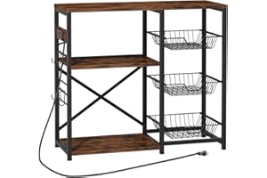 Homeiju Kitchen Island, Baker's Rack with Power Outlet, Microwave Stand, Coffee Bar with 3 Removable Wire Baskets, Kitchen Storage Rack with 6 S-Hooks for Spices, Pots and Pans - Rustic Brown