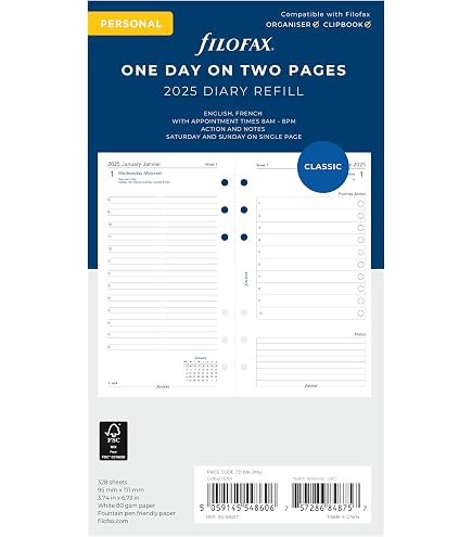 Agenda Filofax Personnel 2025 - 1 Jour Par Page En Français - Format Classique Et Durable