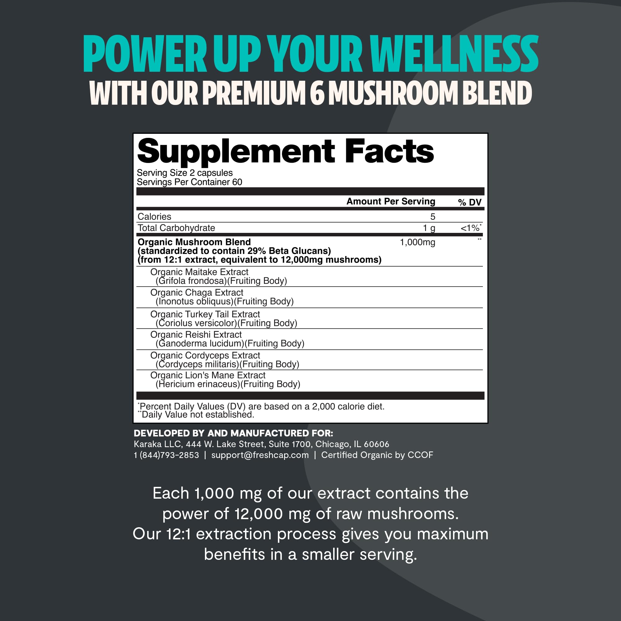 FreshCap Mushrooms Ultimate Mushroom Supplement 12,000mg - Mushroom Complex Capsules, Organic Supplement Ayurveda (120 Capsules)