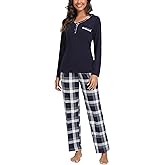 Yukiuiny Womens long Sleeve Pajamas Sets 2 Piece Tops and Plaid Pants PJ Set Loungewear Sleepwear with Pockets