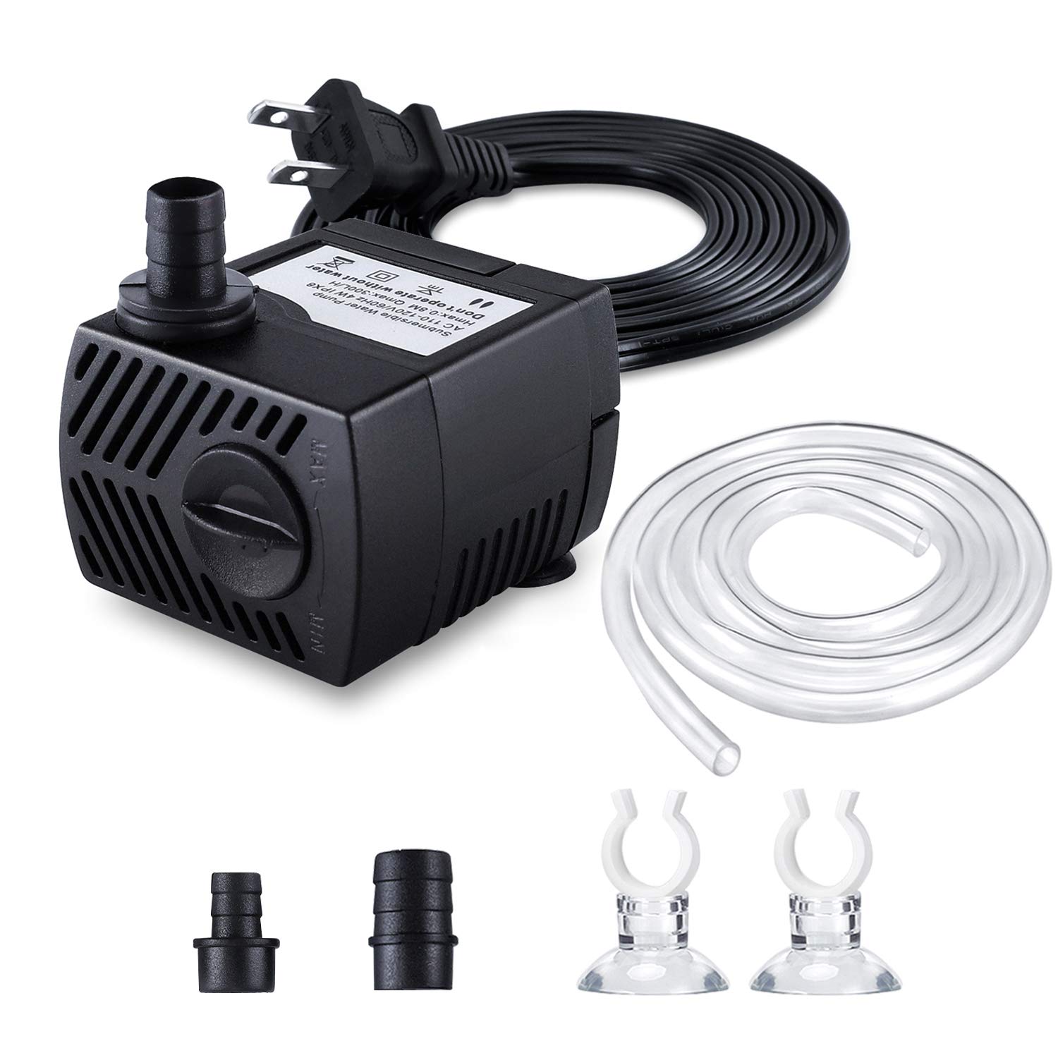 Photo 1 of CWKJ Fountain Pump, 80GPH(4W 300L/H) Submersible Water Pump, Durable Outdoor Fountain Water Pump with 4.9ft Tubing (ID x 1/3-Inch), 3 Nozzles for Aquarium, Pond, Fish Tank, Water Pump Hydroponics