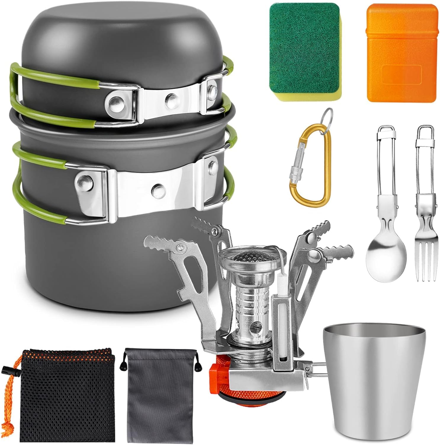 AUTOPkio Camping Cookware Kit with Stove, 12PCS Outdoor Camping Cooking Set Non Stick Pot and Pan with Cup and Tableware Hiking Utensil for 1-2 People BBQ Picnic Backpacking Trekking Travel