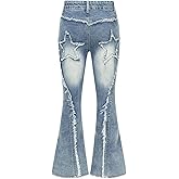 SHENHE Girl's Y2k Flare Jeans Frayed Hem Star Print Bell Bottom Vintage Jeans Denim Pants