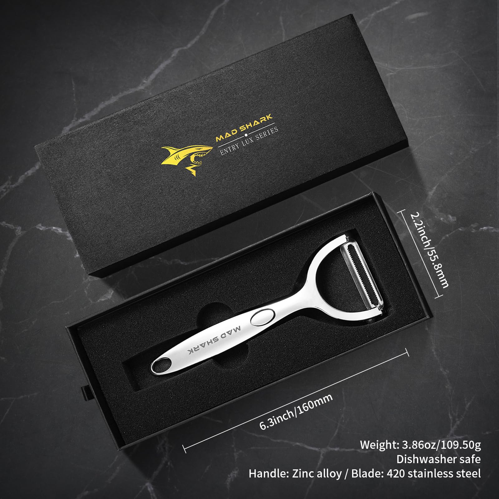 MAD SHARK Ultra Sharp vegetable peelers for kitchen – 10 Years No-Rust Stainless Steel Serrated Potato Peeler Easy to Use Y Peeler with Durable Non-Slip Ergonomic Grips for Carrots, Fruits, Veggie