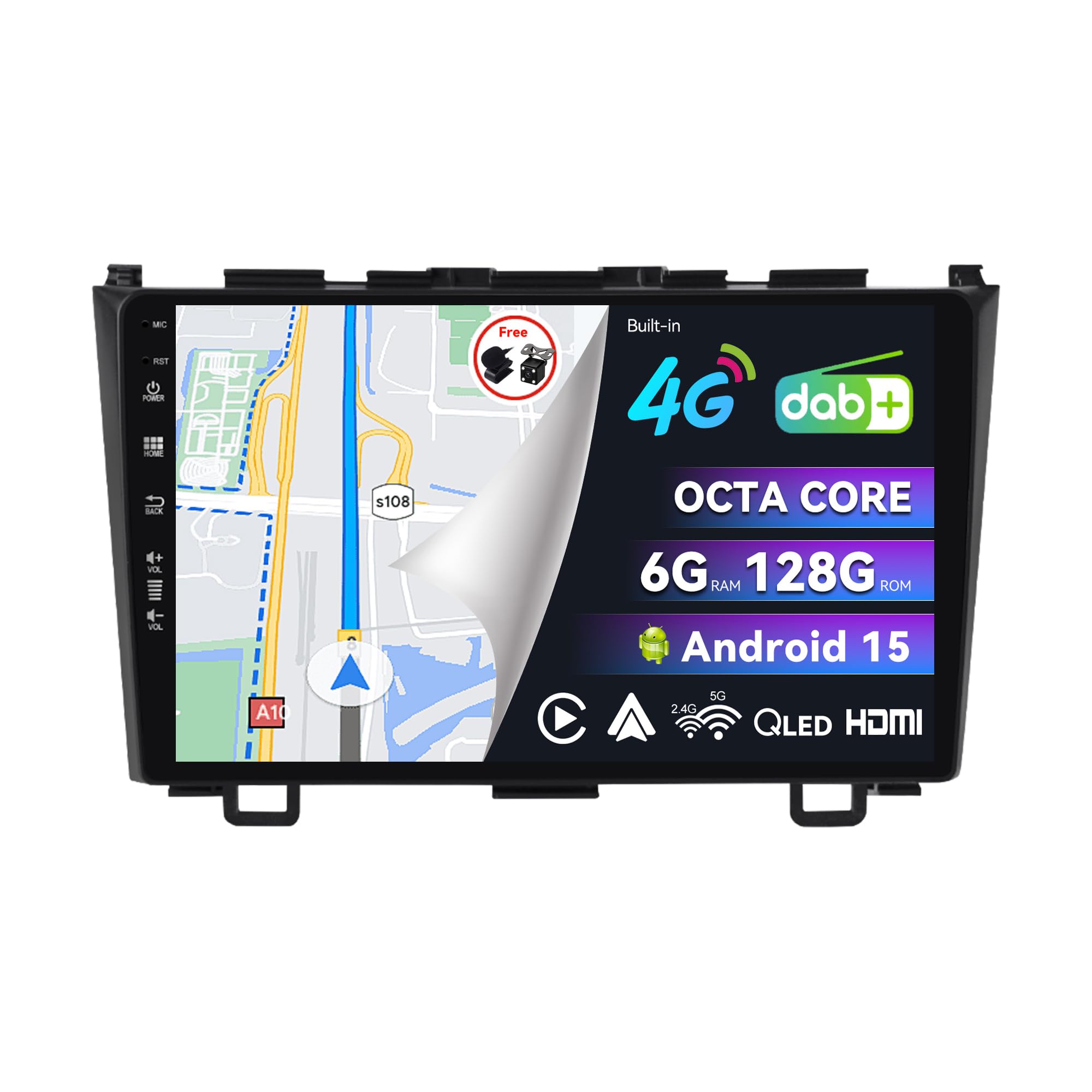 BXLIYER | Built-in DAB & 4G LTE | Android 15 Car Stereo For Honda CRV (2006-2011) - 6G+128G - CarPlay/Android Auto - Camera + MIC - 9 Inch QLED 2 Din - Steering Wheel Dual Band WIFI Bluetooth DSP