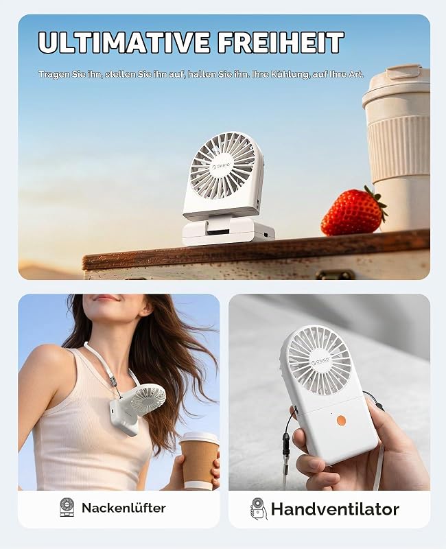 ReFAN Tragbarer Nackenventilator, 1800mAh Akku (bis zu 7 Stunden), Klappbarer Mini Tischventilator, Leicht USB Ventilator 3 Stufen für Büro, Reisen, Pendeln