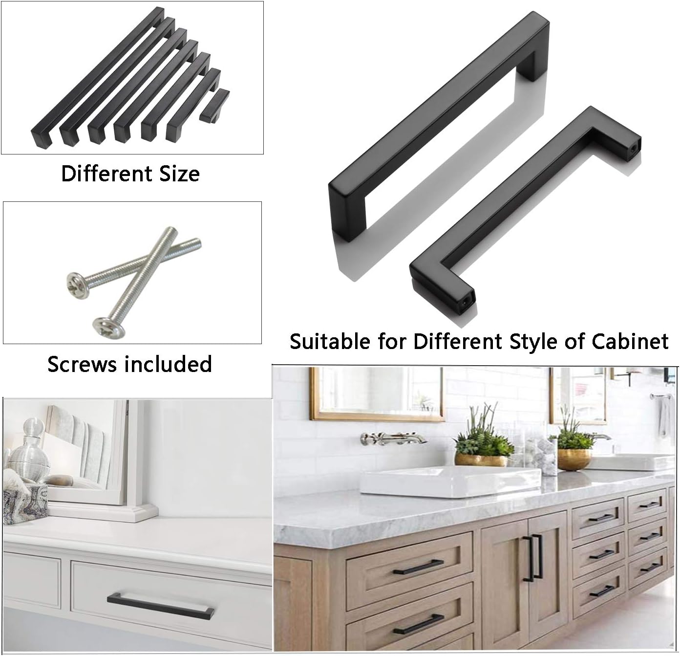 PinLin 10 Pack Kitchen Cabinet Door Handles Stainless Steel Bedroom Drawer Cupboard Pulls Hole Centre 160mm Width 12mm Black Square T Bar Handle - Image 3