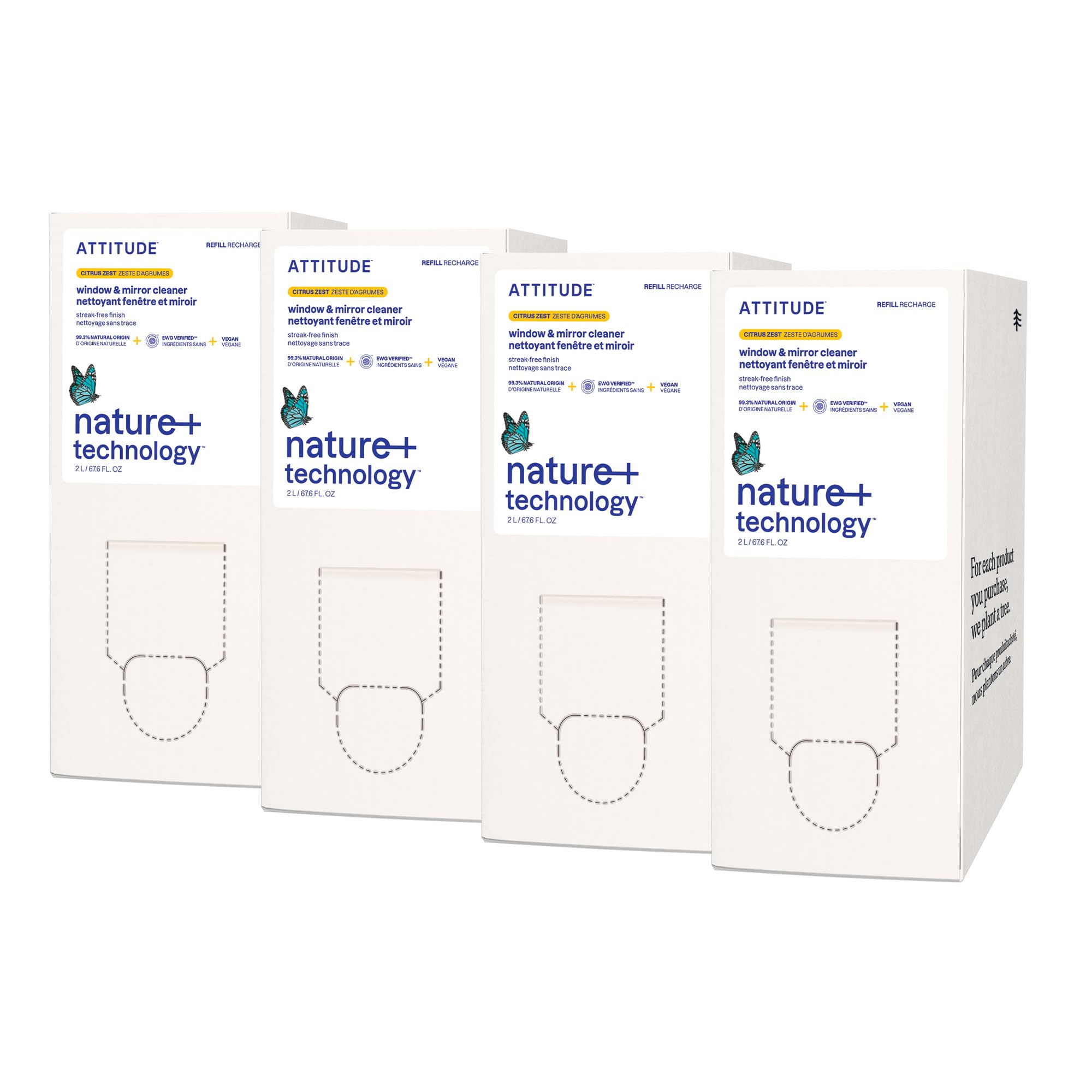 ATTITUDE Window & Mirror Cleaner Refill, EWG Verified, Plant- & Mineral-Based, Vegan & Streak-Free Glass Spray, Citrus Zest Scent, 67.6 Fl Oz (Pack of 4) Image