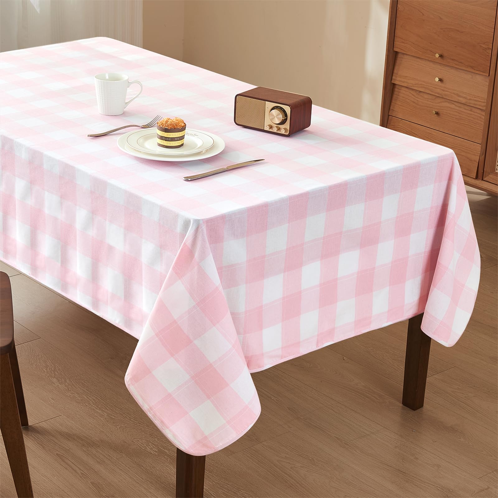 WAITER TREE Table Cloth Gingham 145x300 cm Rectangular Wipe Clean Table Cover,Pink Checkered Wipeable Waterproof Spillproof Tablecloth for Outdoor Picnic Dining Kitchen Party - Pink and White