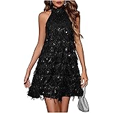 OYOANGLE Women's Sequin Sparkly Cocktail Party Dress Glitter Sleeveless Halter Mini Dress Outfits Clubwear