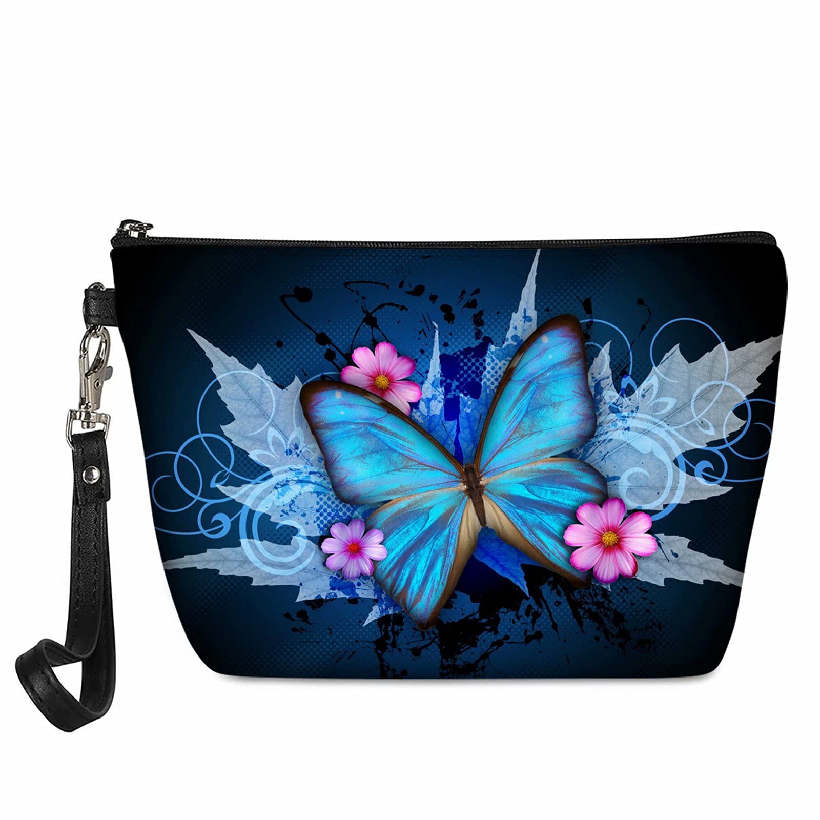 NETILGEN Butterfly Waterproof Portable Makeup Toiletry Bag for Women Teenage Girl PU Leather Purse Cosmetic Case Storage Organizer Brush Pouch Travel Pouch with Wristlet