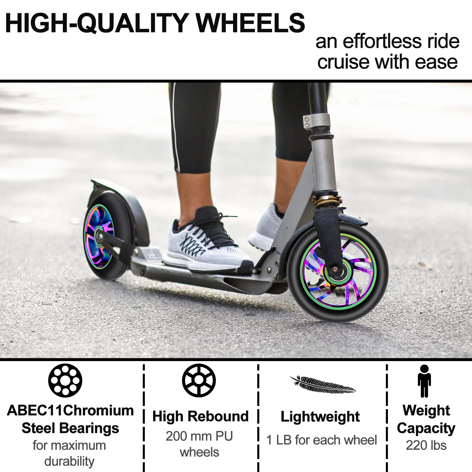2 Pack 100mm Scooter Wheels,88A Replacement Scooter Wheel with ABEC-9 608RS Bearings Installed for Pro Scooters Kick Scooters, Multi-Color