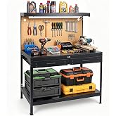 Pterying Garage Workbench with LED Light Bar, Pegboard, 2 Drawers | 3-Tier Shelves and Built-in Power Strip with USB Ports, Heavy Duty A3 Steel Frame for Garage, Workshop and Basement
