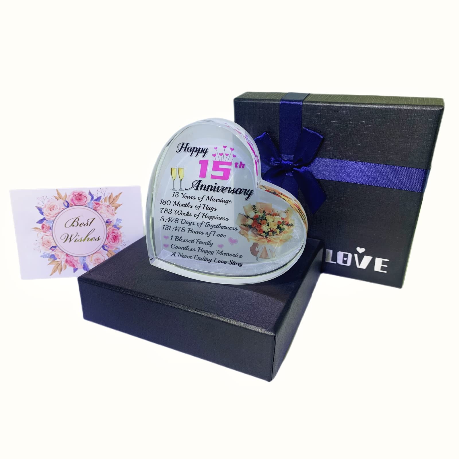 WOSHIDEFA 15th Crystal Wedding Anniversary Romantic Gifts for Women,15 Years Wife Girlfriend Couple, Heart Marriage Keepsake,15th Present Her Gold