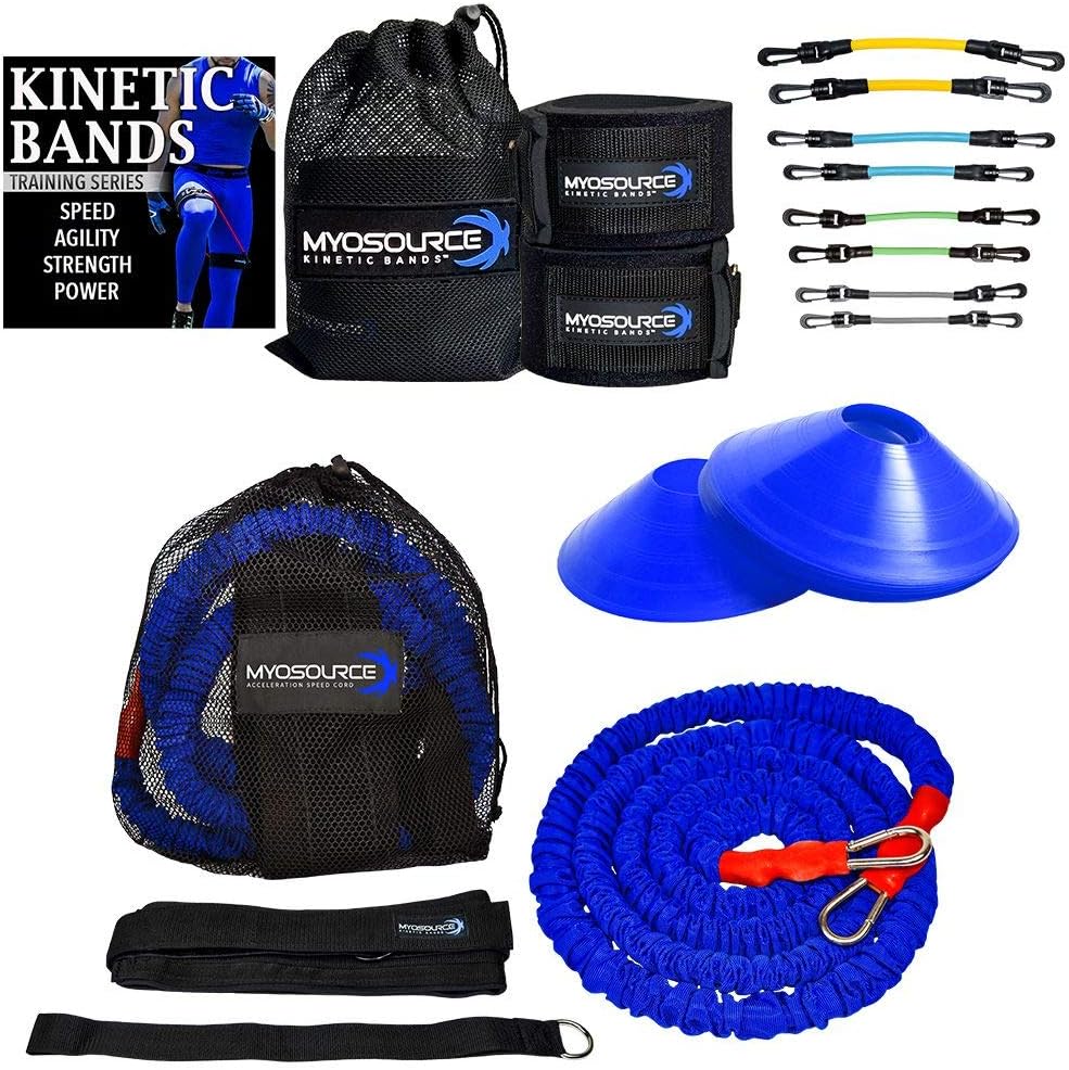 Kinetic Bands 360 Acceleration Speed and Strength Training Set - Leg Resistance Bands, Blue Bungee Cord, 8 Blue Quick Feet Training Cones - Football, Soccer, Basketball, Baseball, Softball Agility
