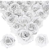 ICBOX 100pcs Stemless White Fake Foam Roses with Silver Glitter, 2.56" Artificial Roses for DIY Craft Baby Shower Centerpieces Wedding Flower Decor (White)