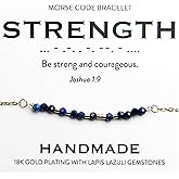 Christian 18K Gold and Lapis Lazuli Minimalist Morse Code Bracelet for Women | Bible Verse Gift for Her | Ladies Religious Dainty Blue Beaded Jewelry with Inspirational Words of Encouragement | Catholic Gift for Mom, Daughter, Wife, Friend, Sister