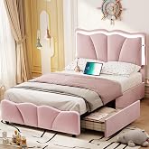 FORABAMB LED Twin Bed Frames with 4 Drawers, Upholstered Bed Frame with Adjustable Flowers Headboard, Platform Storage Twin Bed for Girls, Wooden Slats Support, No Box Spring Needed, Pink