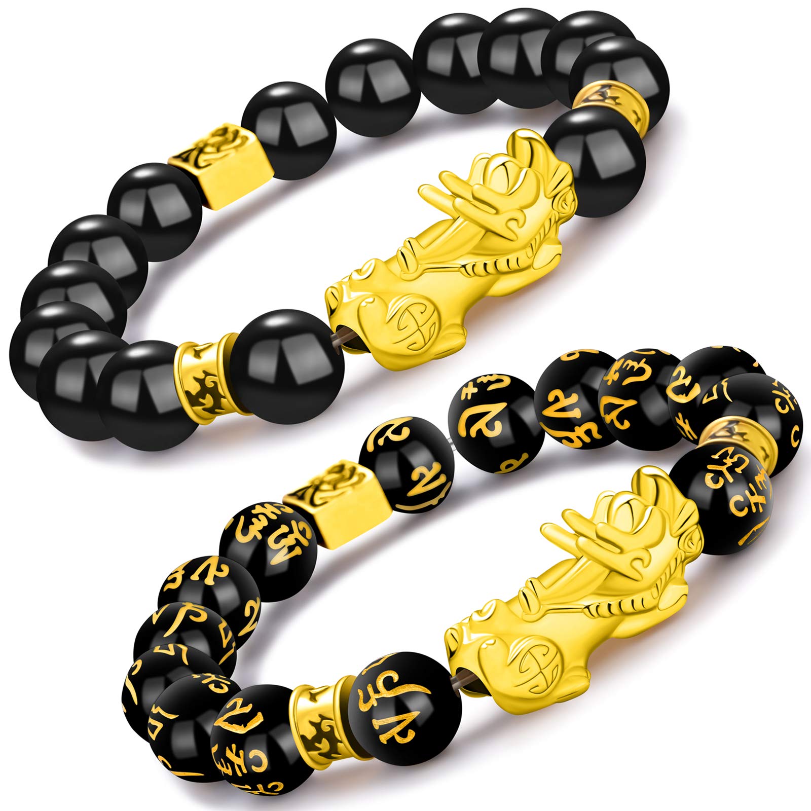 Homelavie 2 Pcs Feng Shui Good Luck Bracelets 12mm Black Obsidian Bead Golden Pi Xiu Bracelet for Women Men Attract Wealth and Good Luck…