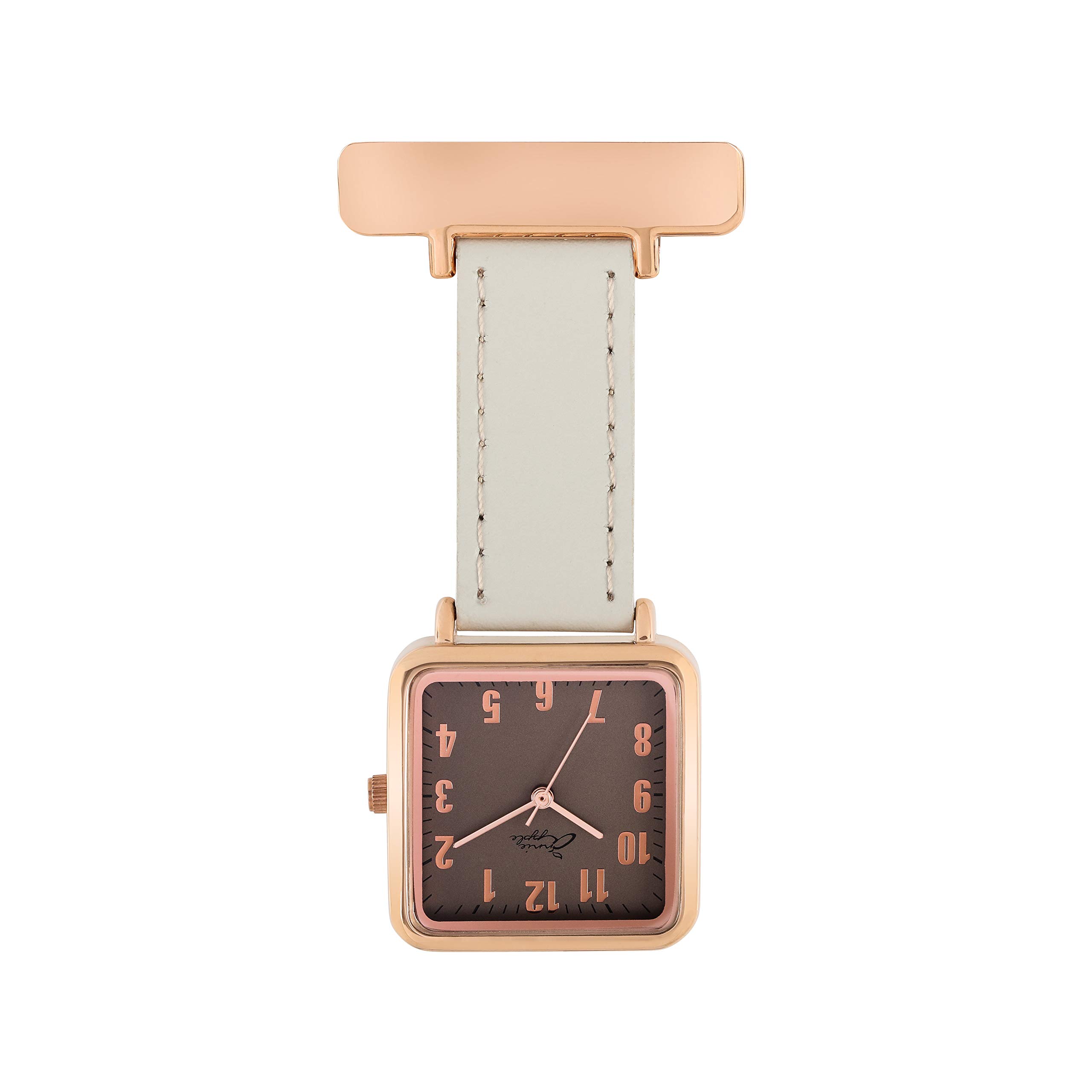 Annie Apple Nurse Fob Watch – Square Rose Gold Case with Vintage Espresso Dial and Grey Leather Strap – Pocket Watch for Nurses, Hairdressers, Beauticians