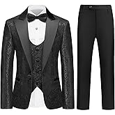 Lamgool Boys Tuxedo Suits 5 Piece Slim Fit Kids Floral Jacquard Formal Set Blazer White Shirt Vest Pants Bow Tie for Prom