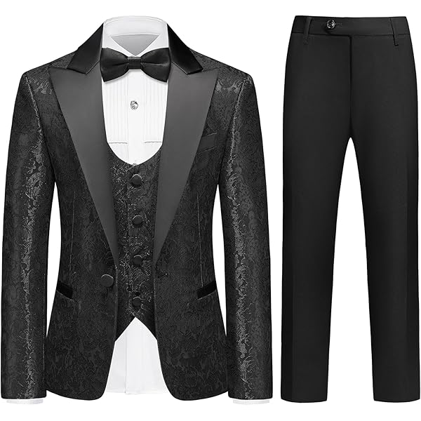 Lamgool Boys Tuxedo Set - Floral Jacquard Sequin Blazer & Black Pants For Weddings & Prom