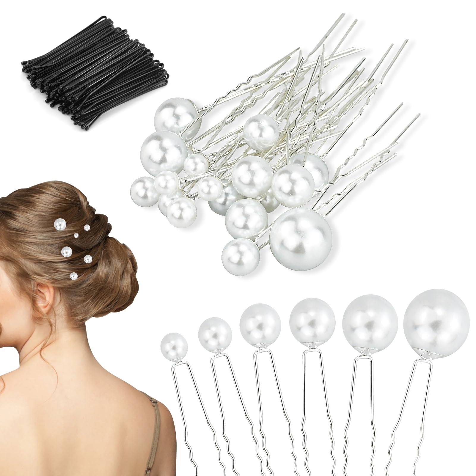 Wedding Pearl Hair Pins Set, U Shaped Flower Pins Hair Clips for Brides, Bridesmaids, Girls Hair Style Prom Party, Jewelry Boho Vintage Hair Piece (18pcs silver)