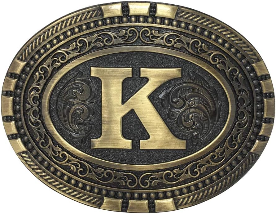 Oval Western Brass Cast Filigree Rope Border Initial Belt Buckle