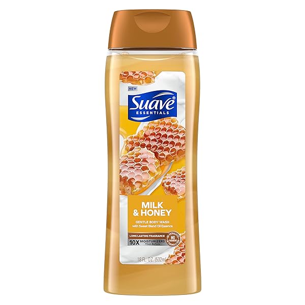 SUAVE ESSENTIALS GENTLE BODY WASH, WITH A SWEET OIL BLEND ESSENCE, MILK & HONEY INFUSED WITH VITAMIN E & HONEY EXTRACT 18 OZ