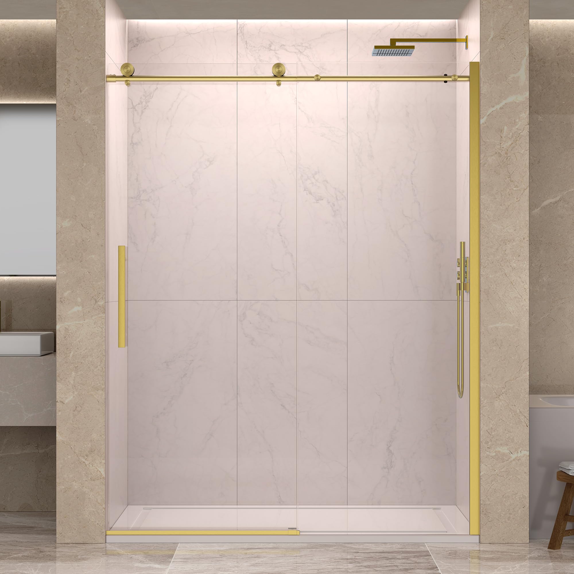 Photo 1 of ** Missing the frame only glass included has a minor scratch on it see pics *** ENSO SENKA 56-60” W x 76” H Frameless Sliding Shower Door, 5/16" (8mm) SGCC Tempered Clear Glass with Easy-to-Clean Coating, Brushed Gold