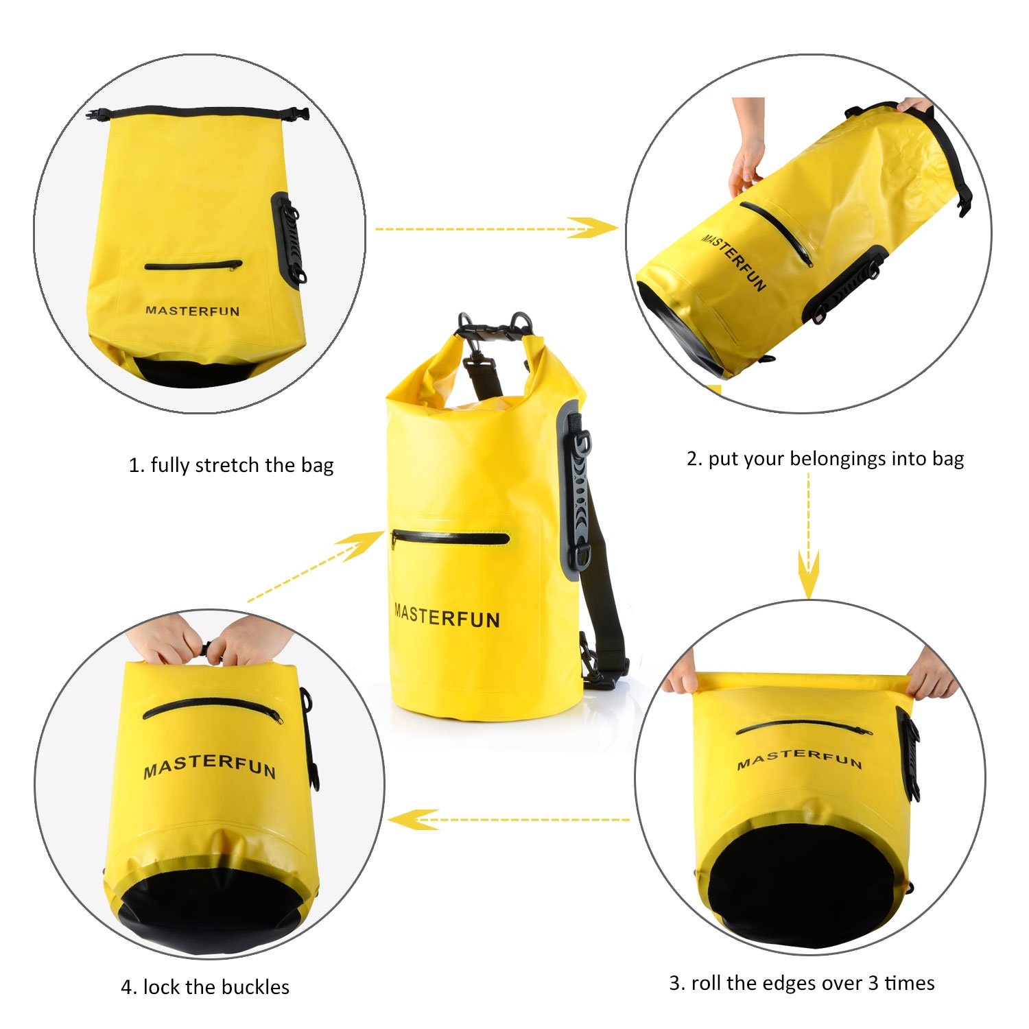 MASTERFUN Dry Bag Waterproof Backpack Gym Sack w/ Exterior Pocket Waterproof Zipper & Shoulder Strap & Handle for Boating Camping Kayaking Yellow 20L