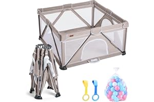 Jimglo Baby Playpen Foldable, Playard for Babies and Toddlers, Portable Playpen Activity Center with 50 Balls+2 Handles for Travel, Indoor & Outdoor Play Pen with Mesh 50''x50''(Khaki)