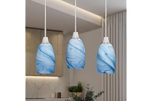 VIINEW Mini Glass Pendant Light with Handblown Blue Marble Art Glass Shade Adjustable Cord Modern Oval Lamp Ceiling Pendant Light Fixture for Dining Room, kitchen,Foyer, Hallway, Brushed Nickel Finish 3 Pack