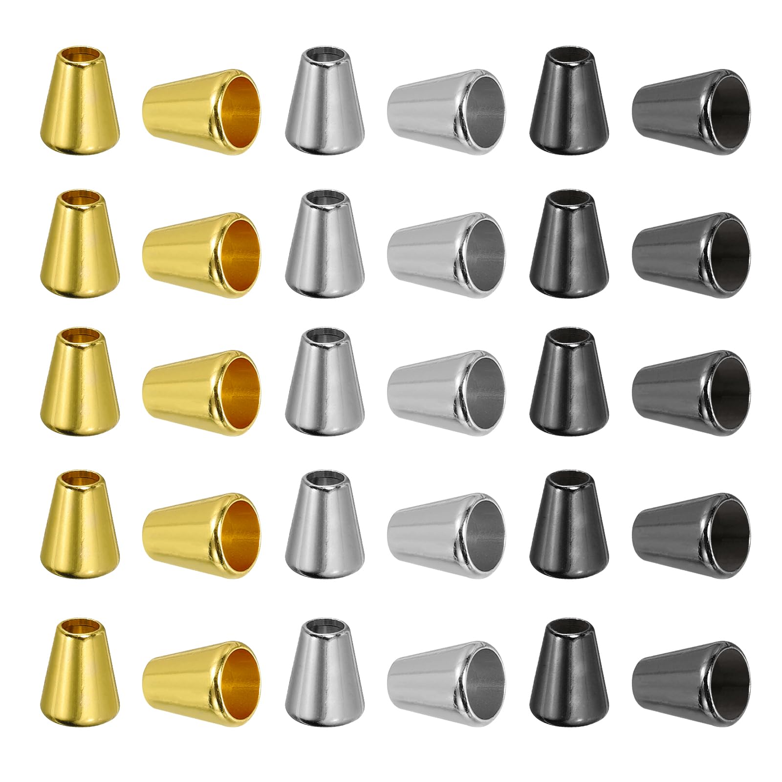 PATIKIL Bell Stopper Conical Cord Ends, 30 Pack Zinc Alloy Cord Rope Fastener Lock Clip for DIY Backpacks Shoelaces Bags, Gold Tone, Silver Tone, Dark Grey