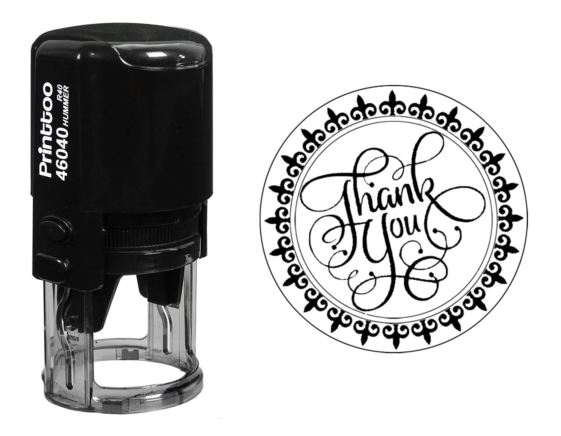 Printtoo Round Fleur De Lis Border Monogram Thank You Calligraphy Self Inking Rubber Stamp Gift Idea-Black